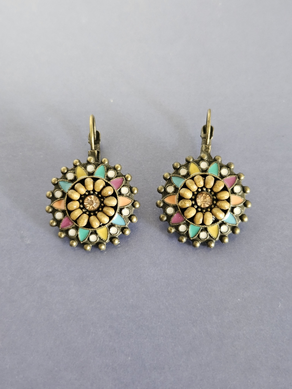 Bohemian Round Multi-Color Floral Drop Earrings With Center Rhinestone